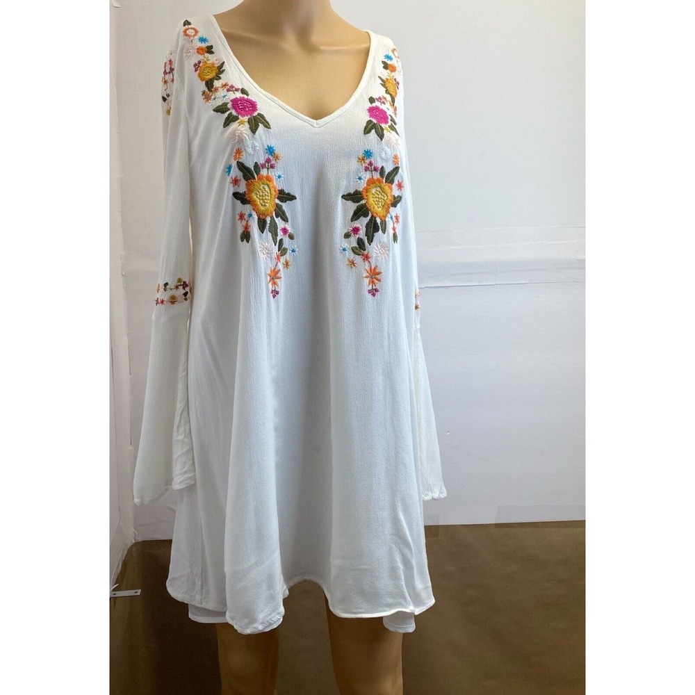 Womens Sugar Lips V Neck Floral Embroidered Lined Tunic Dress Bell Sleeve Sz M - Picture 10 of 16